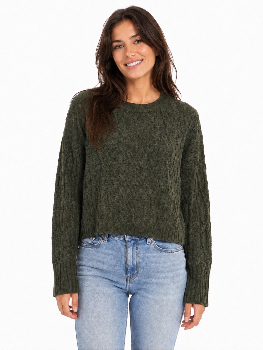 Olive Green Cable Knit Cropped Sweater S Boxy Preppy Academia Fall CabinCore